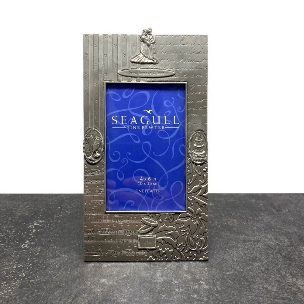 New Seagull Fine Pewter 4x6 Photo Frame Marriage Wedding Cake Champagne Glasses